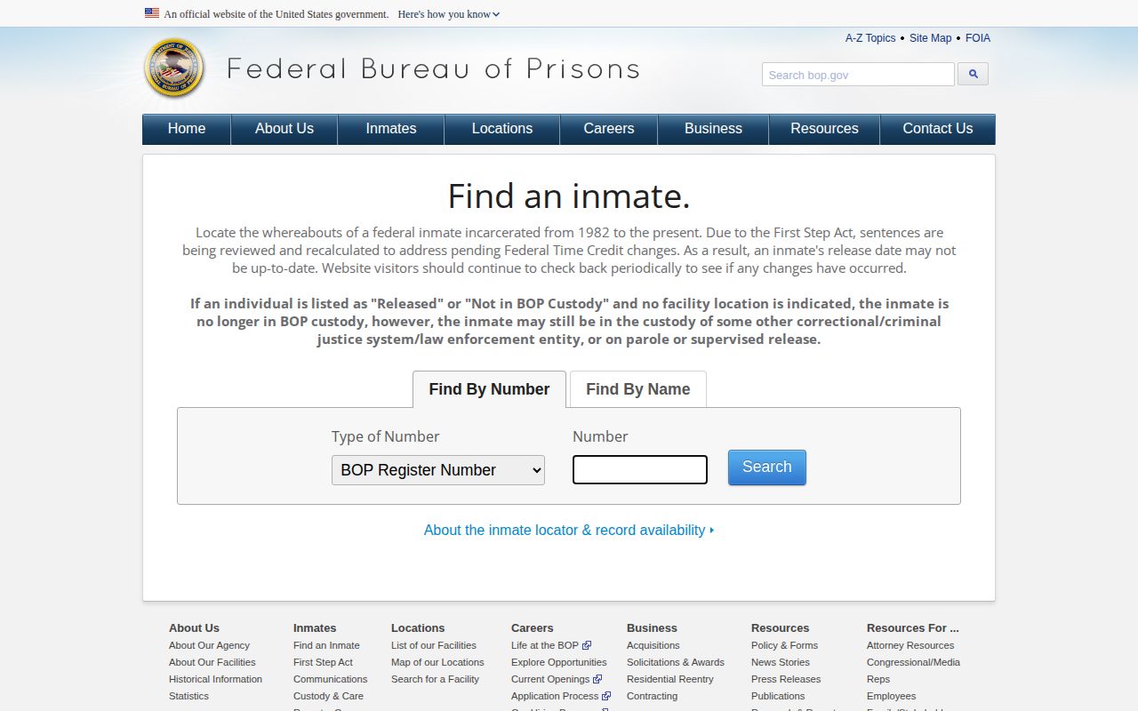 Federal Bureau of Prisons Inmate Locator