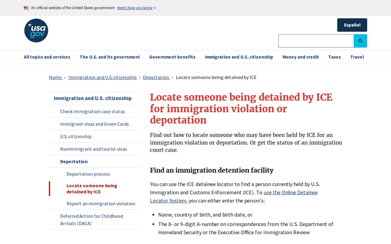 USA.gov instructions for locating a person detained by ICE