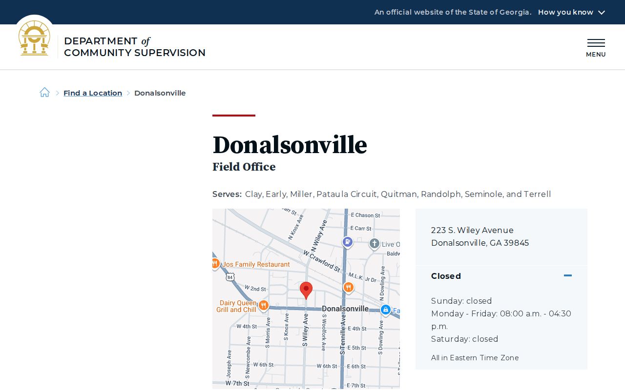 Georgia DCS Donalsonville Field Office page serving Early County