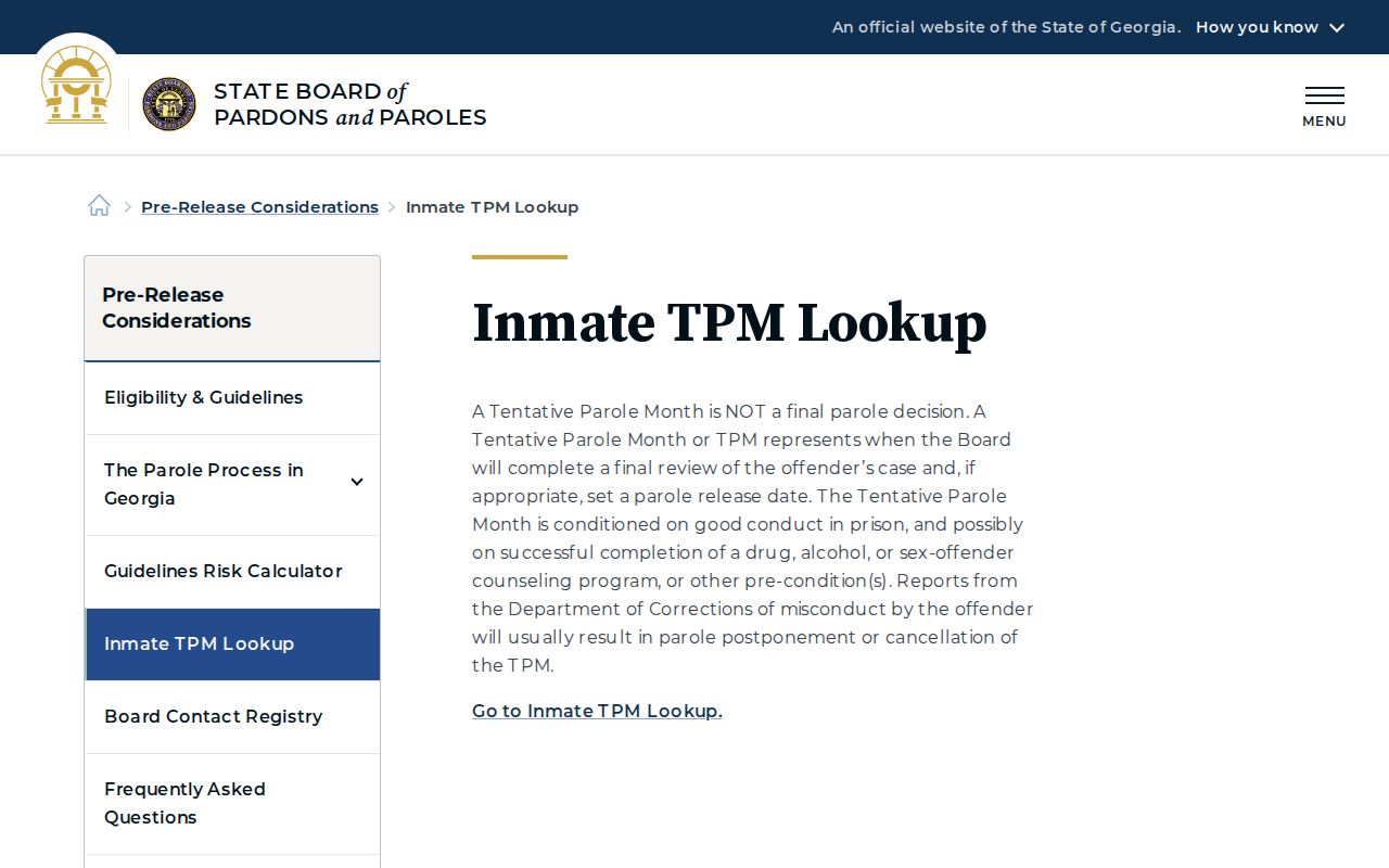 Georgia Parole Board Inmate TPM Lookup information