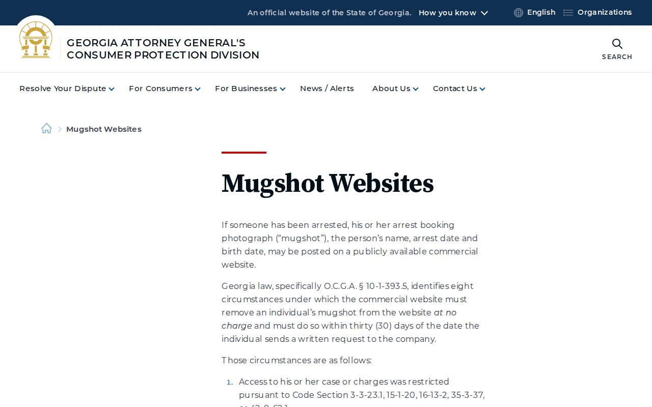 Georgia Attorney General consumer guidance on mugshot websites