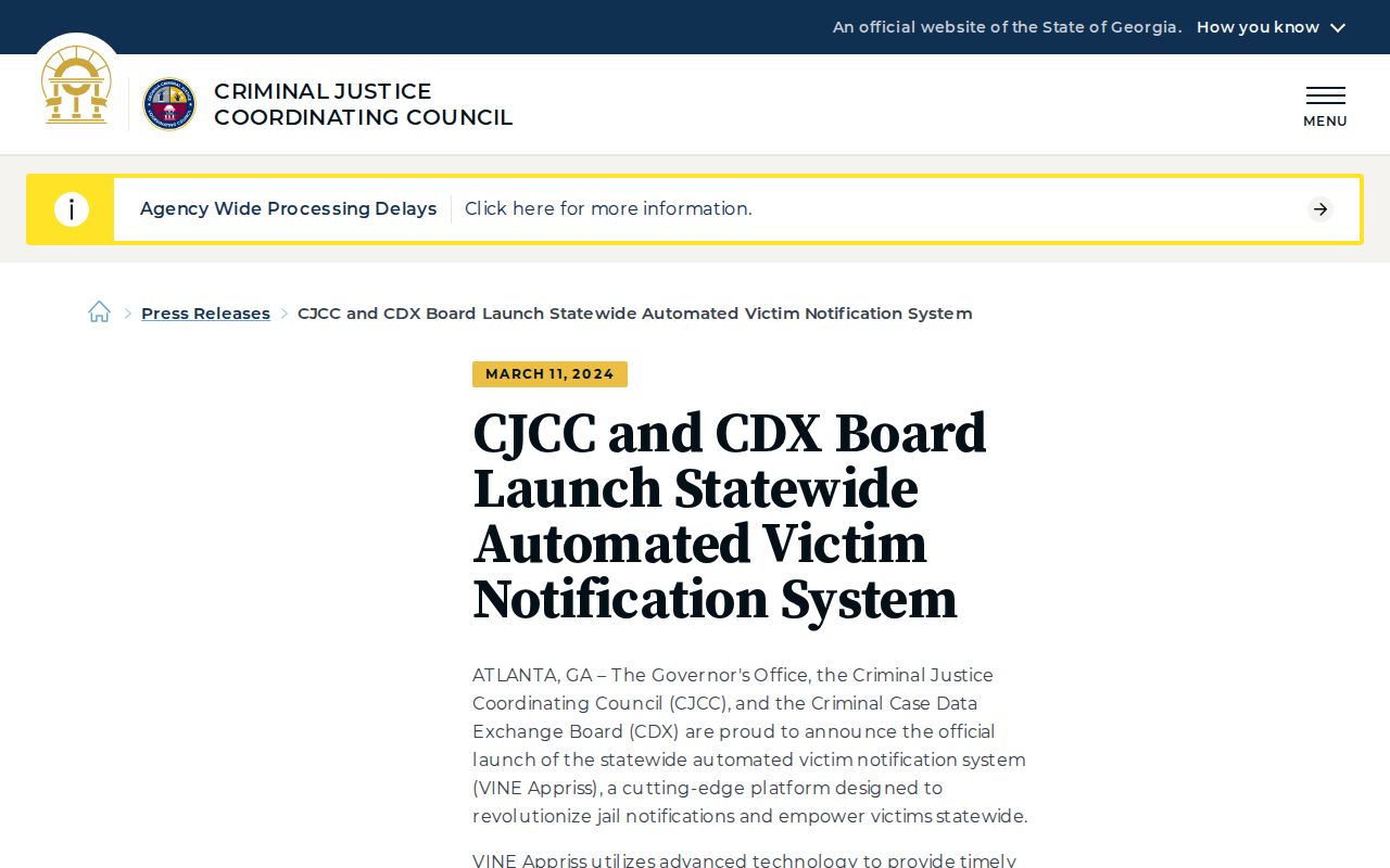 Georgia CJCC statewide VINE notification announcement